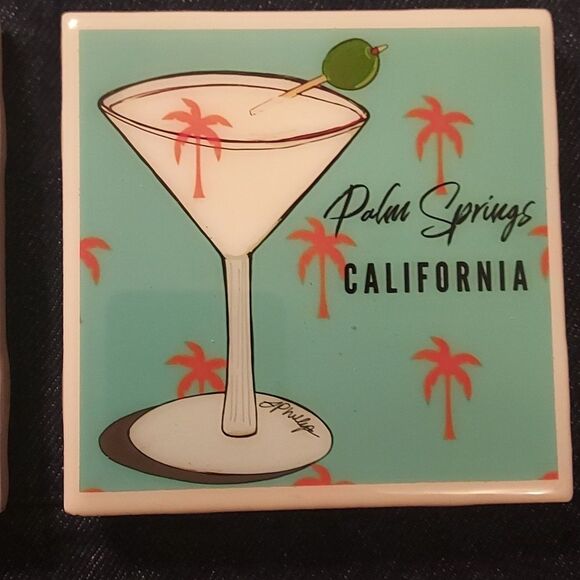 Ceramic Coasters martini Palm Springs set of 2 turquoise white drink coasters - Picture 3 of 6